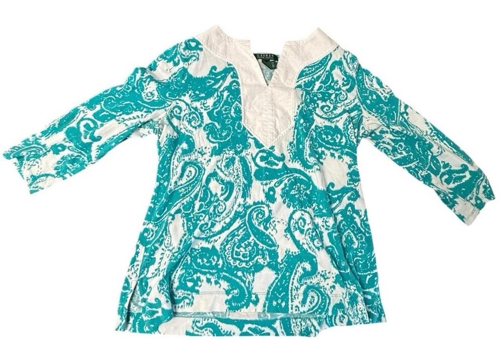 Lauren Ralph Lauren Women’s Large Paisley Tunic Top Teal White 100% Cotton